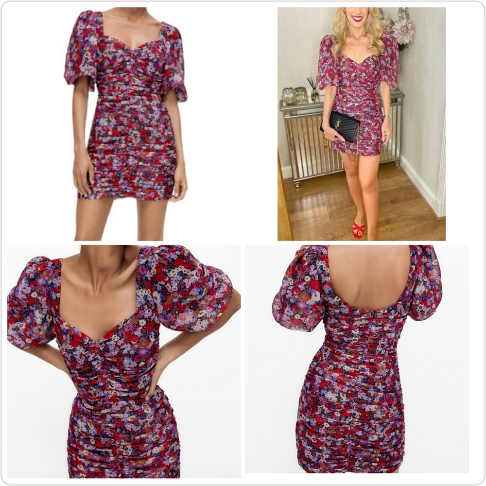 🆕️Zara Ruched Red Pink & Gold Ruched Puff Sleeve Mini Chiffon Draped Dress M - Picture 15 of 16